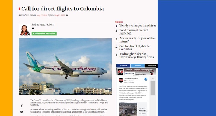 Artículo del Daily Express de Trinidad y Tobago destaca relación económica de Colombia con este país