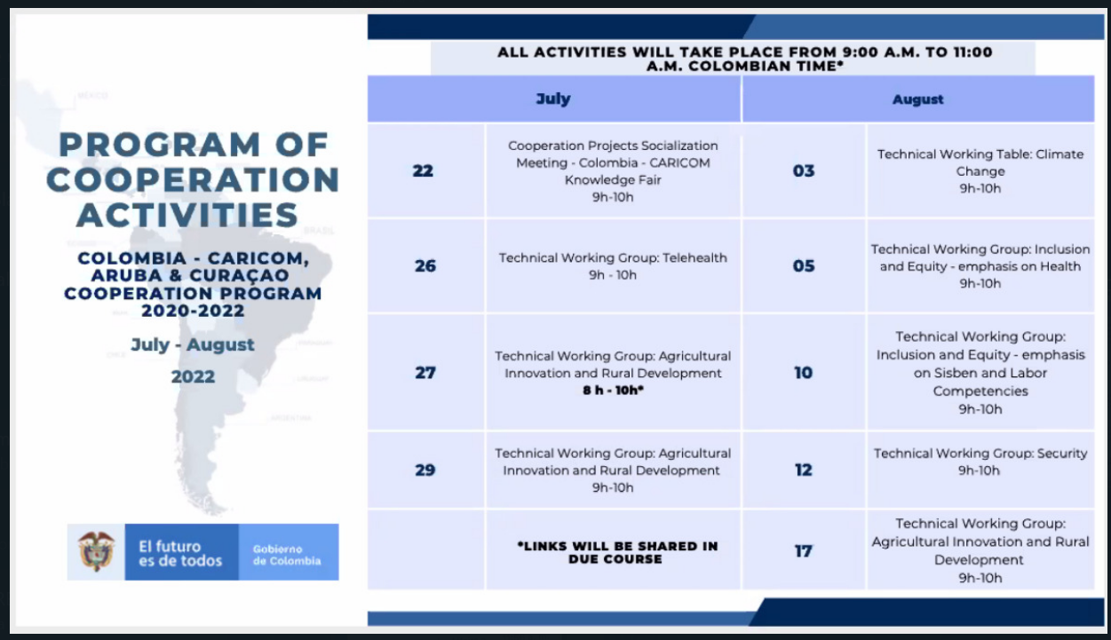 Finalizan con éxito las actividades online de socialización de los proyectos del programa de cooperación Colombia – CARICOM Aruba & Curazao 2020 – 2022